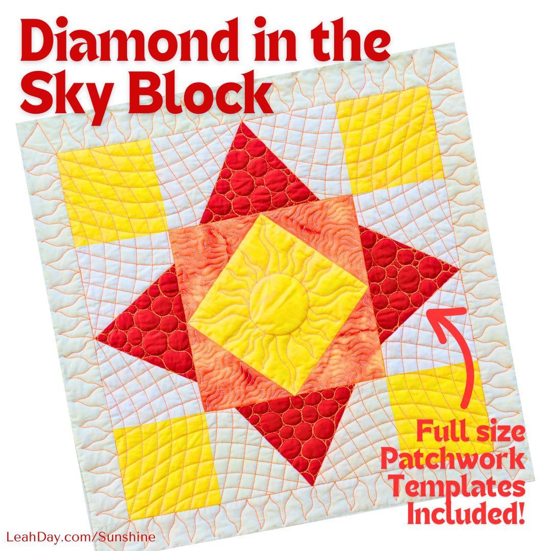 Quilt with diamond in the sky block design featuring red, yellow, and white colors on a white background.