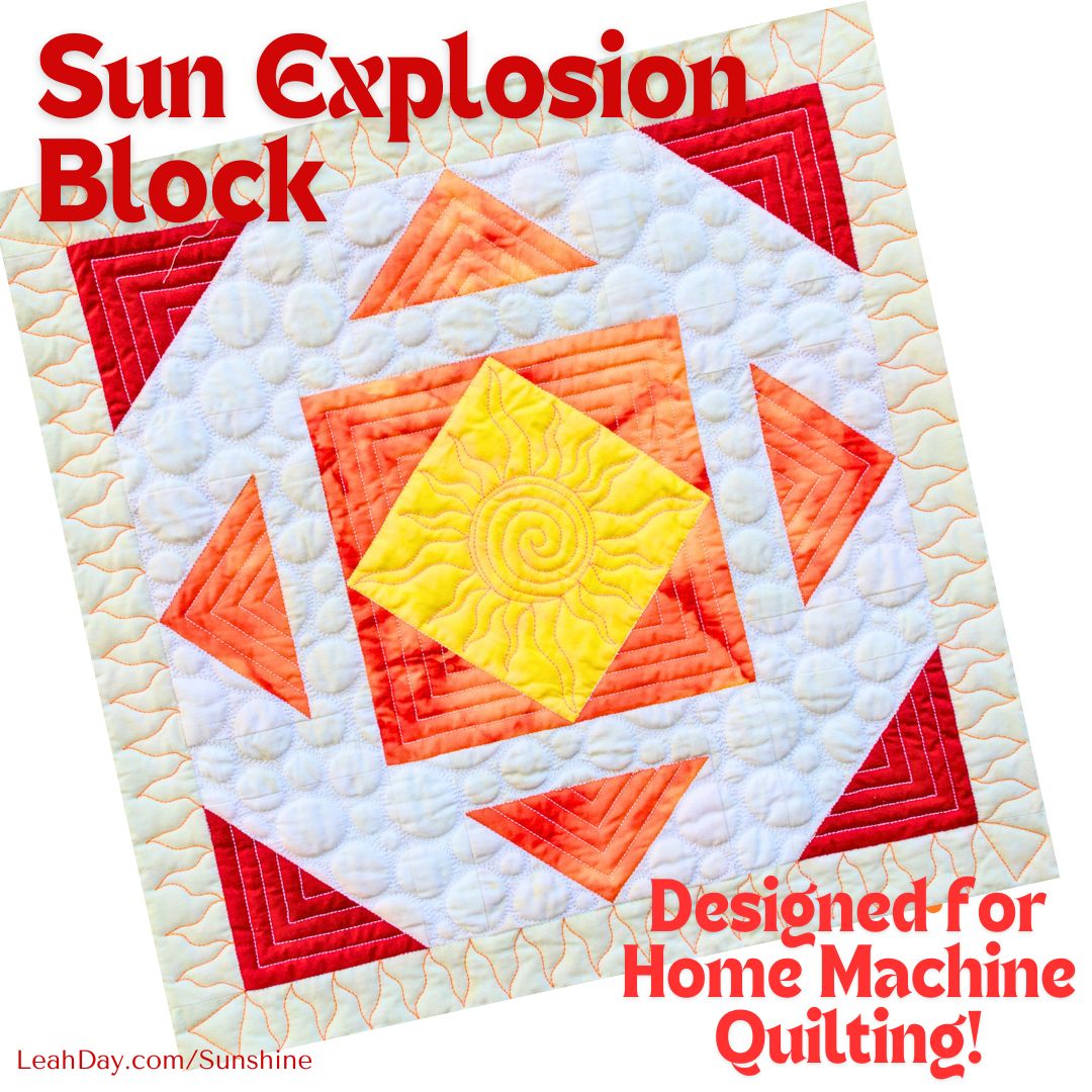 Quilt block with red, orange, and yellow colors on a white background, featuring text about home machine quilting.
