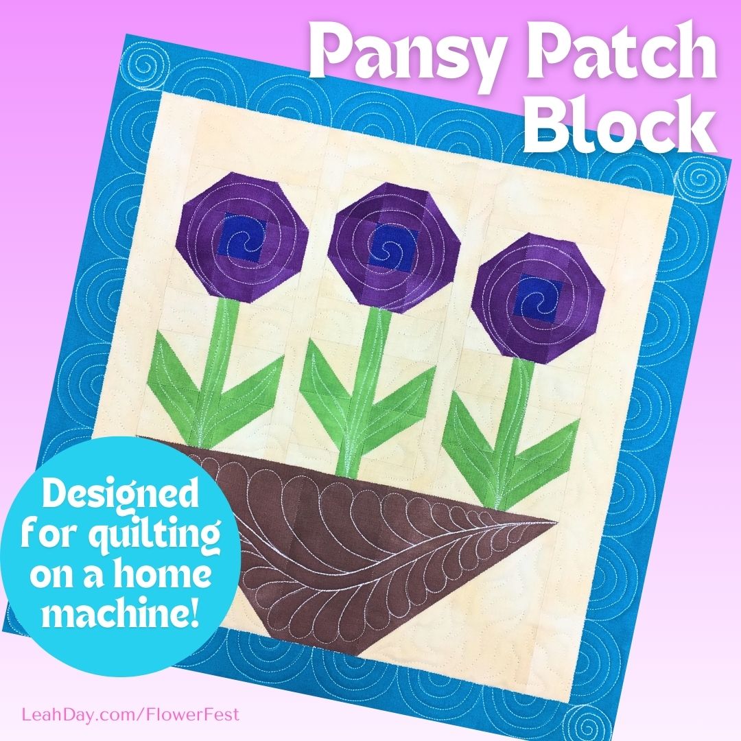 Flower quilt block with purple flowers and green leaves on a light background, labeled 'Pansy Patch Block'.