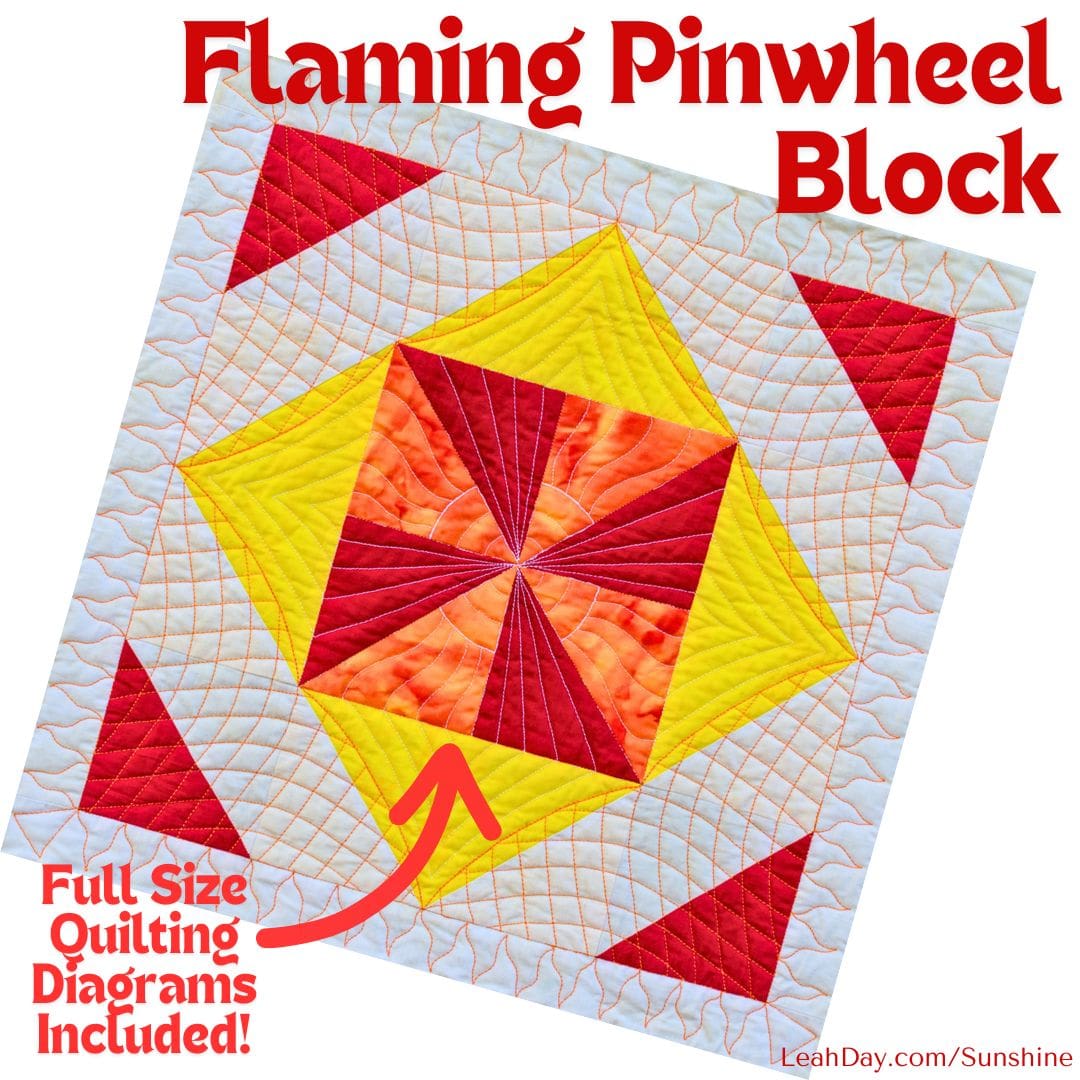 Quilt block with red and yellow triangles and text about a flaming pinwheel block.