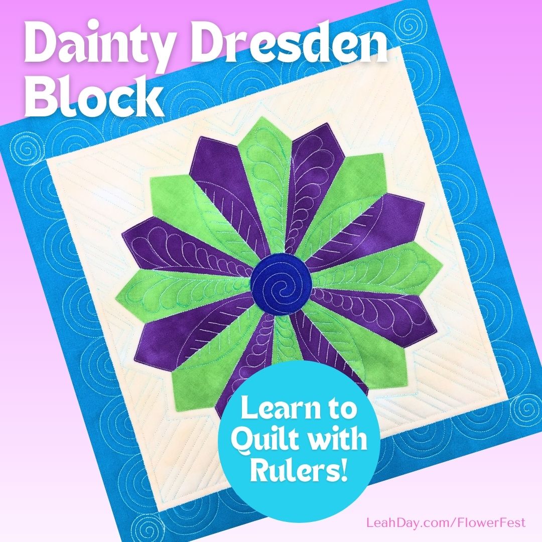Flower quilt block with green and purple design on a pink background, featuring text about learning to quilt with rulers.