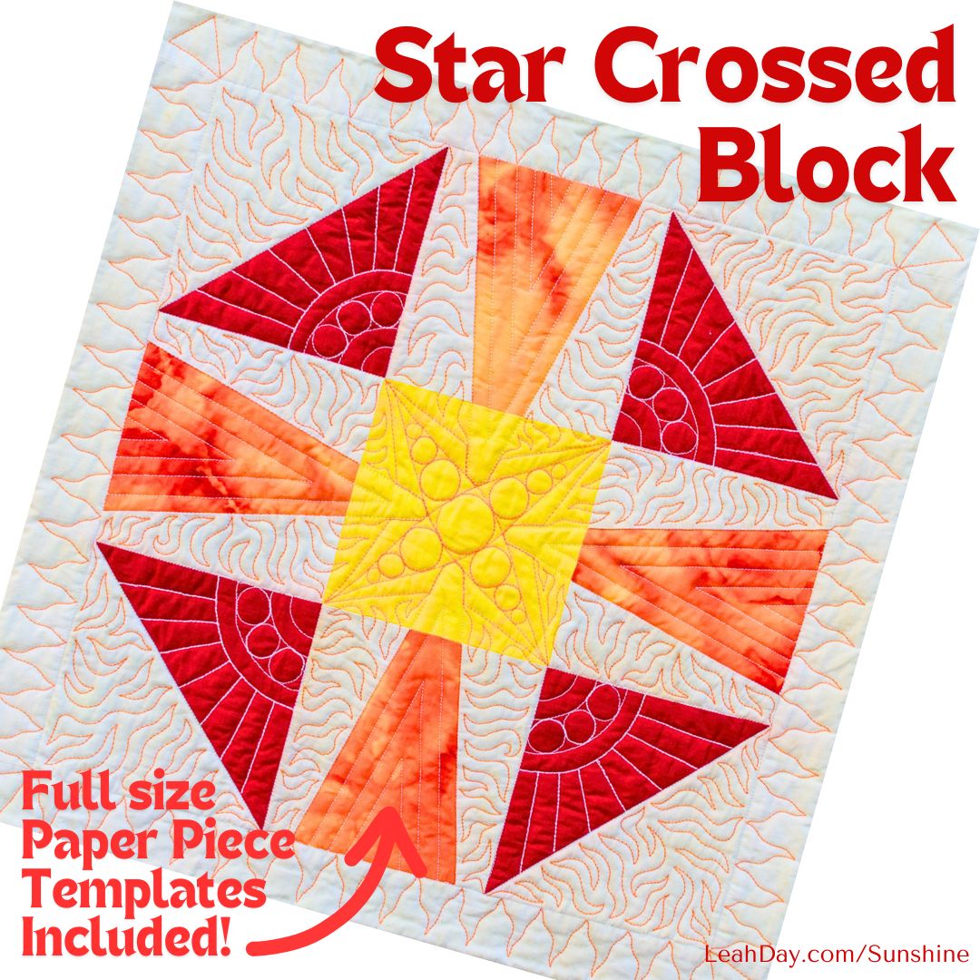 Quilt block with star pattern and text about paper piece templates on a white background