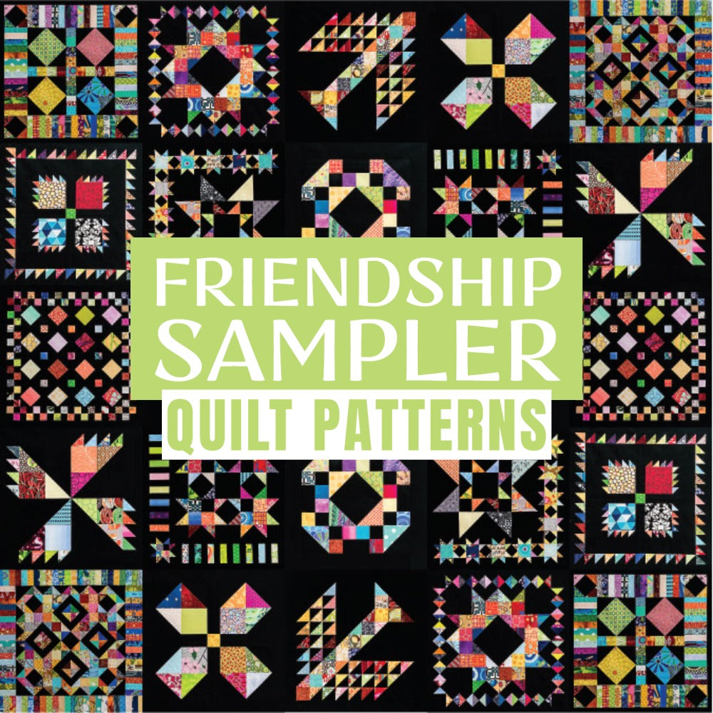 Friendship Sampler Quilt Pattern 25 Scrappy Quilt Blocks on Black Background