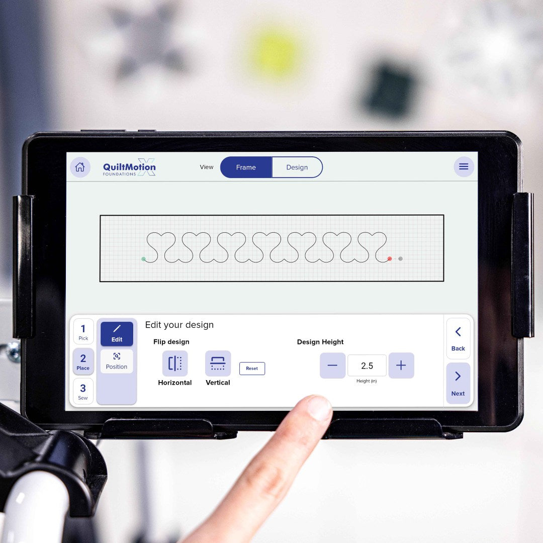 QuiltMotion X place the design screen