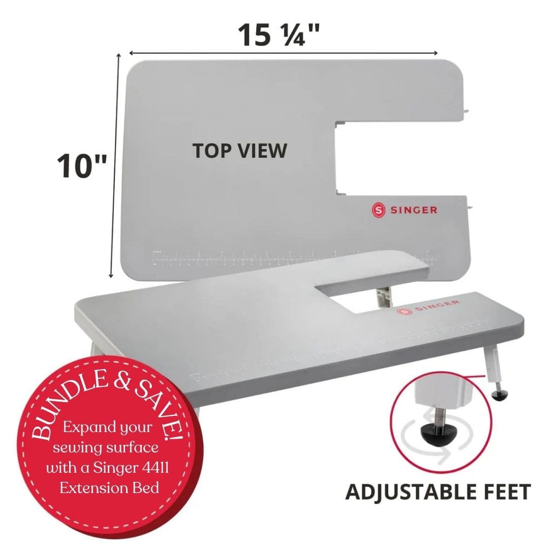 Singer 4411 sewing machine extension bed with dimensions and features on a white background