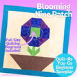 Flower quilt block with 'Blooming Nine Patch' design on a colorful background