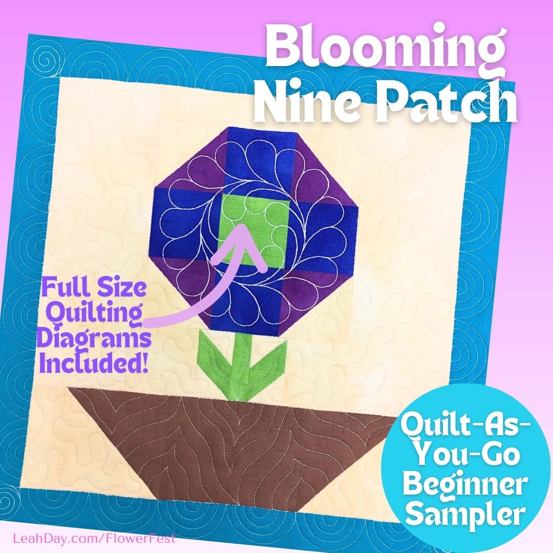 Flower quilt block with 'Blooming Nine Patch' design on a colorful background