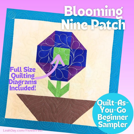 Flower quilt block with 'Blooming Nine Patch' design on a colorful background