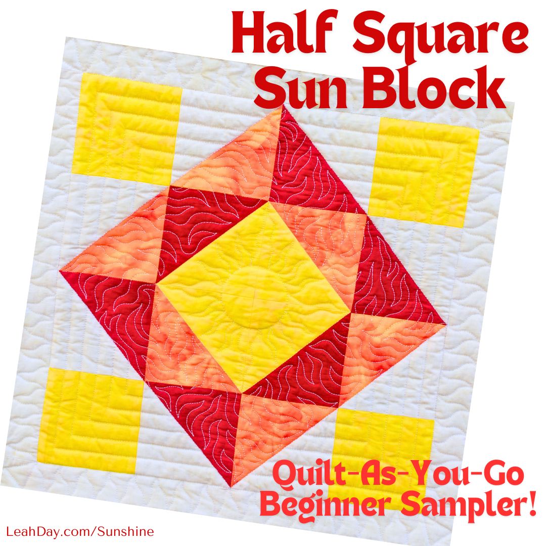 Quilt block with red and yellow squares on a white background, labeled 'Half Square Sun Block'.