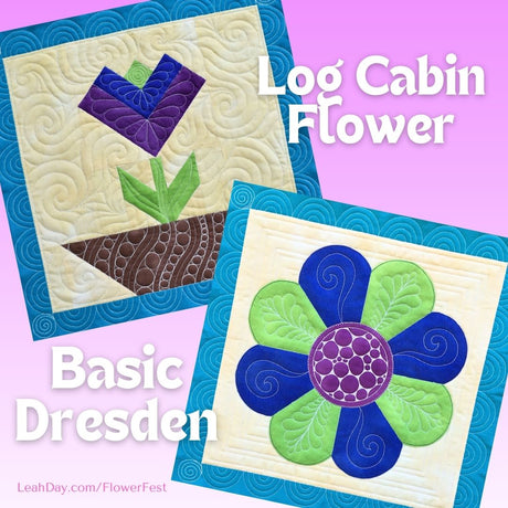 Two flower quilt blocks with 'Log Cabin Flower' and 'Basic Dresden' text on a pink background.