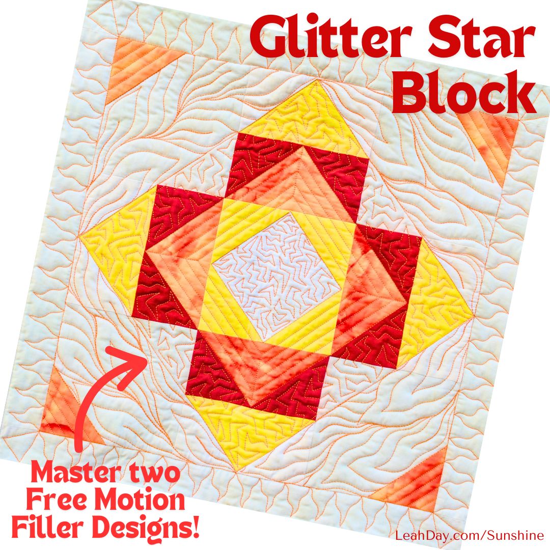 Quilt with Glitter Star Block design featuring red, yellow, and orange colors on a white background.