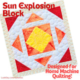 Quilt block with red, orange, and yellow colors on a white background, featuring text about home machine quilting.