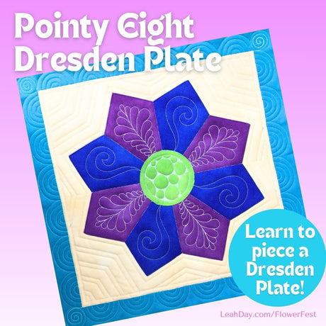 Flower quilt block with blue and purple floral design on a light purple background, featuring text about learning to piece a Dresden Plate.
