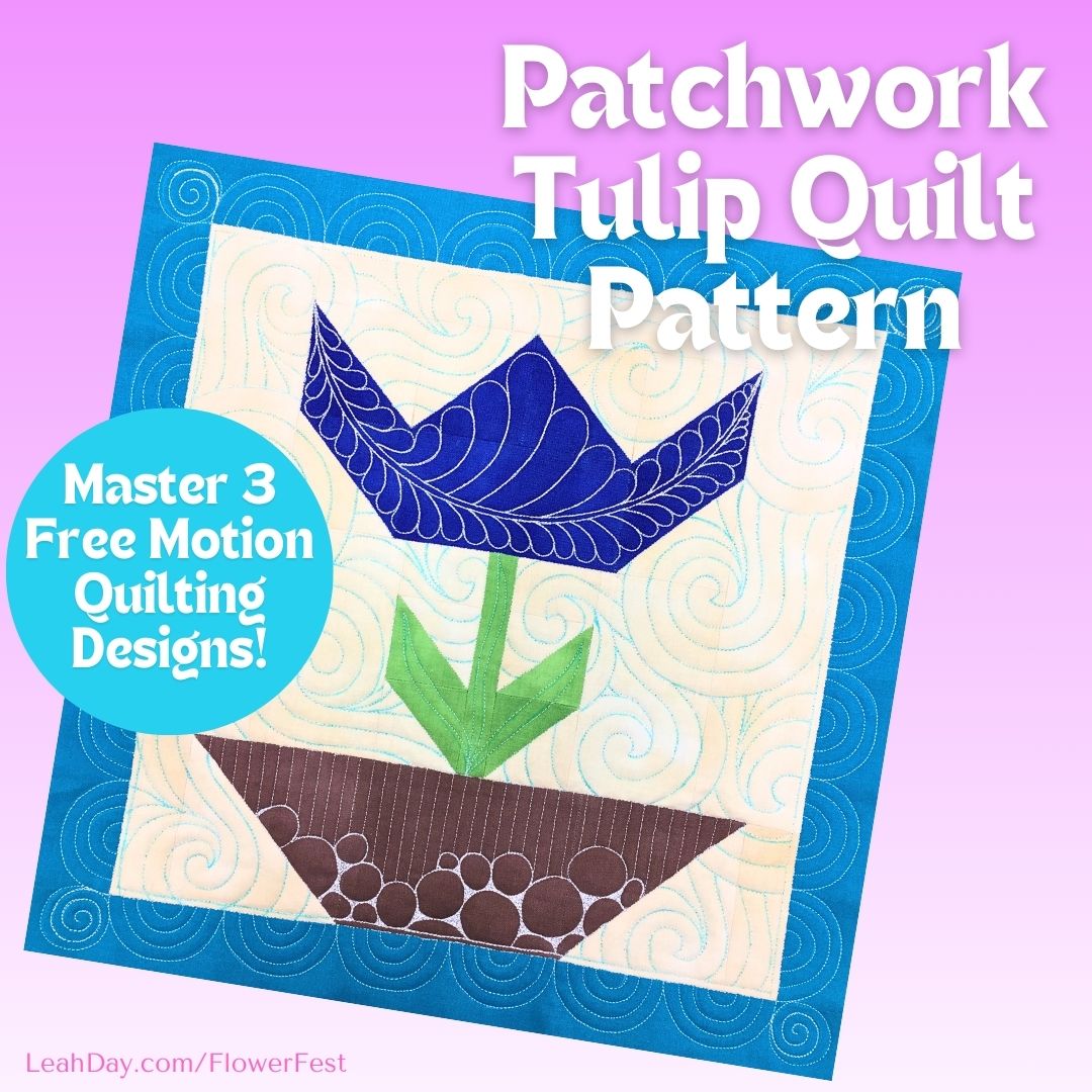 Patchwork tulip quilt pattern with blue tulip design on a purple background