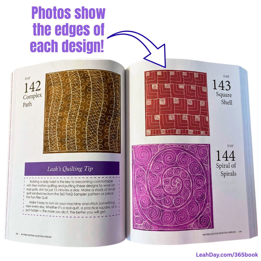 Open book showing machine quilting designs with text and an arrow pointing to a specific quilt pattern.