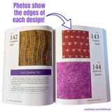 Open book showing machine quilting designs with text and an arrow pointing to a specific quilt pattern.