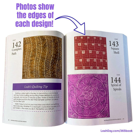 Open book showing machine quilting designs with text and an arrow pointing to a specific quilt pattern.