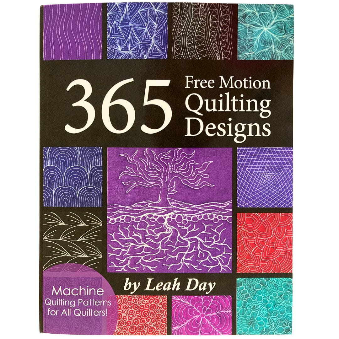 Book cover of '365 Free Motion Quilting Designs' by Leah Day with various machine quilting patterns