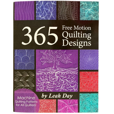 Book cover of '365 Free Motion Quilting Designs' by Leah Day with various machine quilting patterns