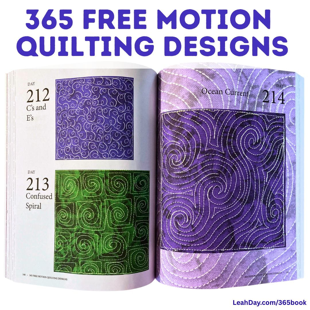 Open book displaying free motion quilting designs stitched on purple and green fabric on a white background.