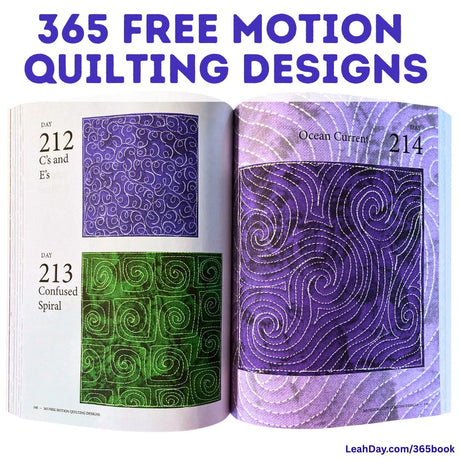 Open book displaying free motion quilting designs stitched on purple and green fabric on a white background.