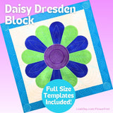 Flower quilt block with blue and green petals on a purple background, featuring text about Daisy Dresden Block and templates.