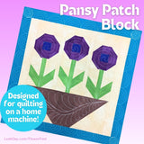 Flower quilt block with purple flowers and green leaves on a light background, labeled 'Pansy Patch Block'.