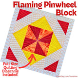 Quilt block with red and yellow triangles and text about a flaming pinwheel block.