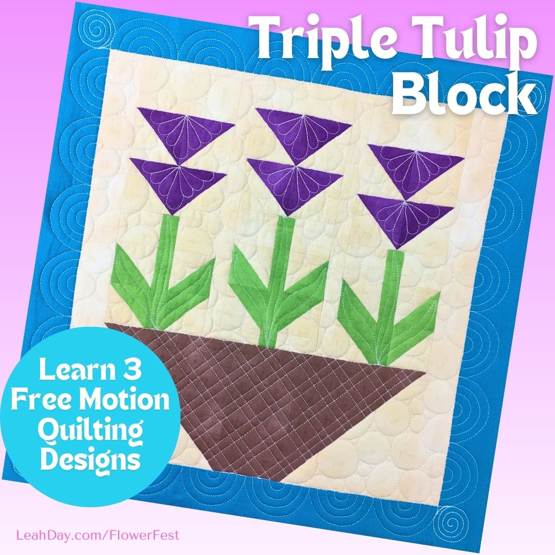 Flower quilt block with purple tulips and green stems on a purple background, featuring text about free motion quilting designs.