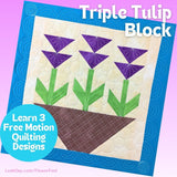 Flower quilt block with purple tulips and green stems on a purple background, featuring text about free motion quilting designs.