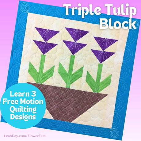 Flower quilt block with purple tulips and green stems on a purple background, featuring text about free motion quilting designs.