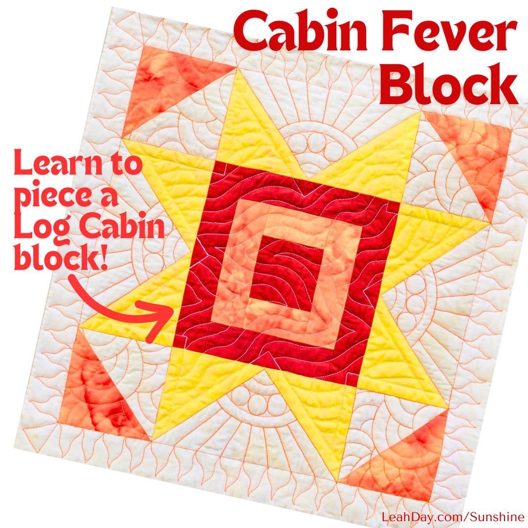 Quilt block with red, yellow, and orange colors and text about learning to piece a log cabin block.