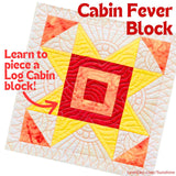Quilt block with red, yellow, and orange colors and text about learning to piece a log cabin block.