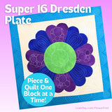 Flower quilt block with purple and green design on a blue border, featuring text about a Dresden plate quilt pattern.