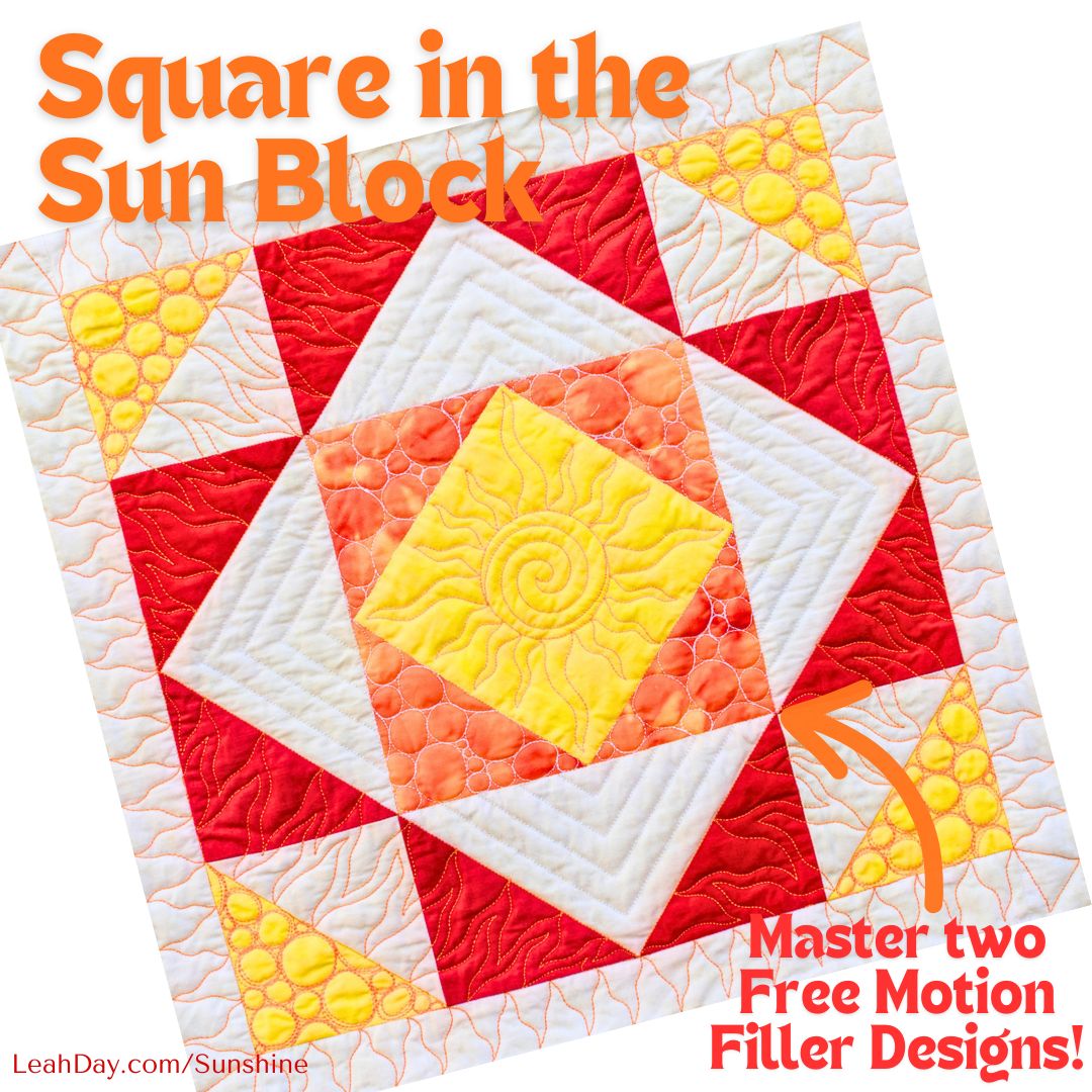 Quilt block with red, yellow, and white colors on a white background and sunshine quilting design.