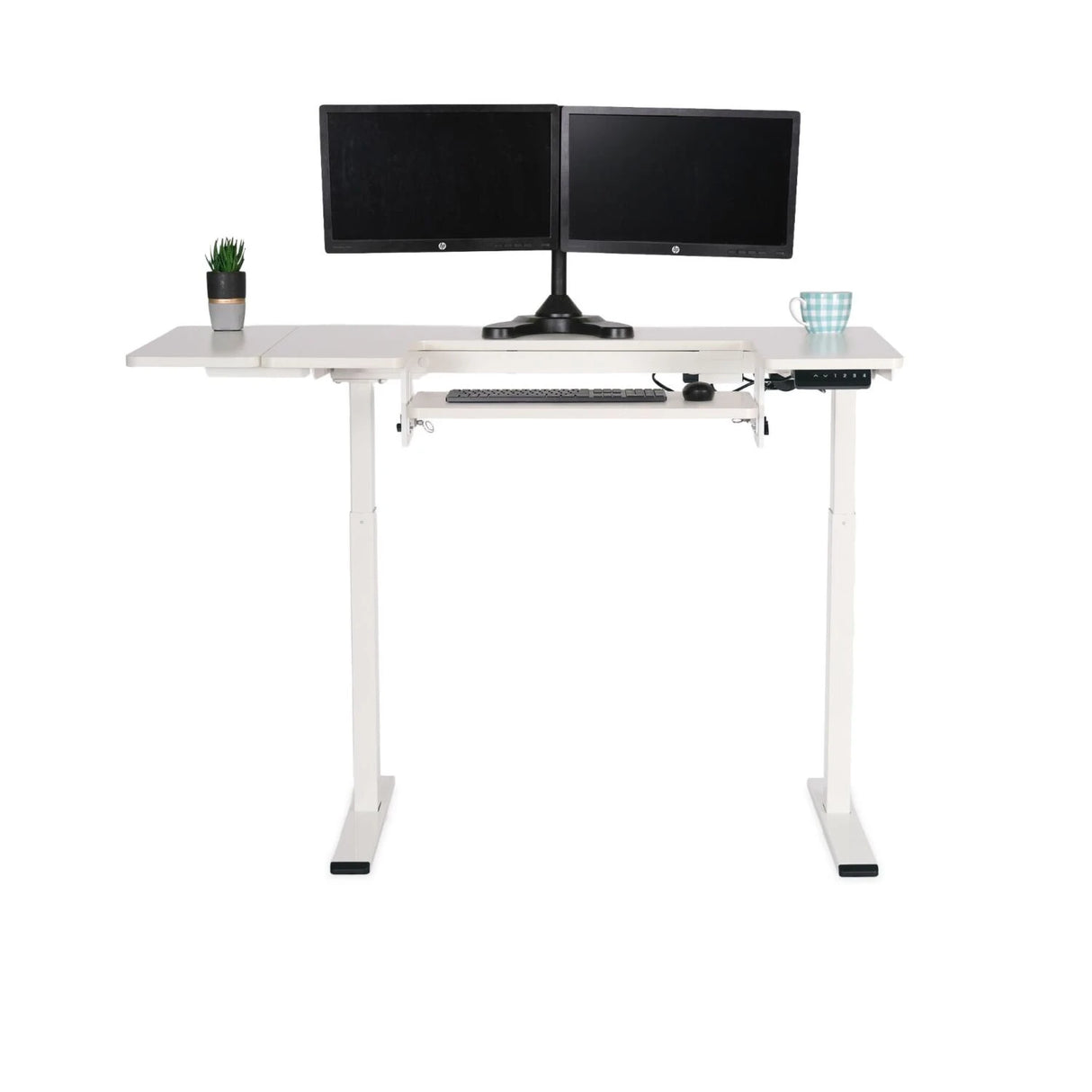 Eleanor II Standing Table as Desk with Two Black Computers on Top