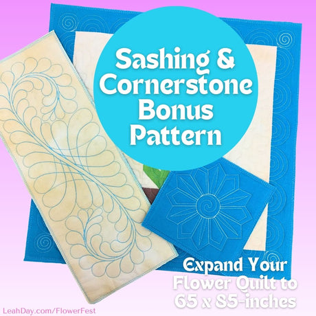 Quilt pattern with sashing and cornerstone designs on a purple background