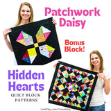 Leah Day holding up scrappy patchwork quilts blocks from the Friendship Sampler Quilt