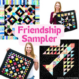 Collage of scrappy quilt blocks with Leah Day, featuring the text 'Friendship Sampler' and 'LeahDay.com/Friendship'.