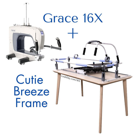 Grace 16 longarm machine and Cutie Breeze Frame on Brown Table