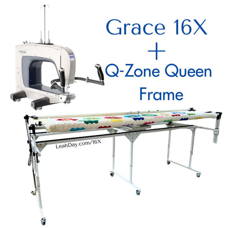 Grace 16X Longarm Machine and Q-Zone Queen frame with Grandmothers Flower Garden Quilt