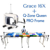 Grace 16X Longarm Machine and Q-Zone Queen PRO frame with solid patchwork quilt