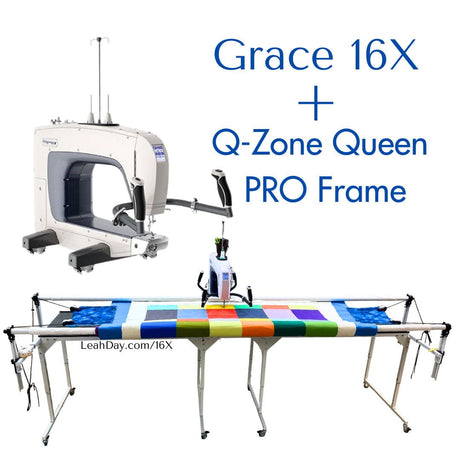 Grace 16X Longarm Machine and Q-Zone Queen PRO frame with solid patchwork quilt