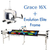A quilting setup featuring a Grace 16X machine and an Evolution Elite frame, with a colorful quilt shown on the frame. Blue text on the right reads 'Grace 16X + Evolution Elite Frame'.