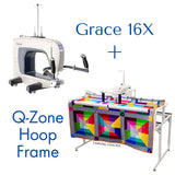 Grace 16X Longarm Machine with Q-Zone Hoop Frame and bright patchwork quilt loaded