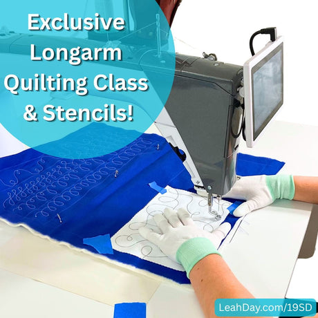 Lacy using a 19SD longarm quilting machine with text indicating an exclusive class and stencils.