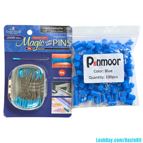 Quilt Basting Kit with Taylor Seville Magic Long Arm Pins and a bag of Pinmoor blue pin anchors