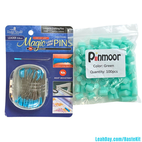 Quilt Basting Kit with Taylor Seville Magic Long Arm Pins and a bag of Pinmoor green pin anchors