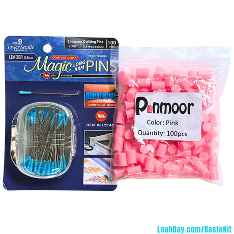 Quilt Basting Kit with Taylor Seville Magic Long Arm Pins and a bag of Pinmoor pink pin anchors