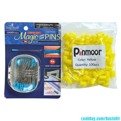Quilt Basting Kit with Taylor Seville Magic Long Arm Pins and a bag of Pinmoor yellow pin anchors